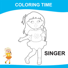 Easy coloring worksheet. Activity sheet for children. Coloring book design for children. Kid’s dream job. Coloring singer. Vector file.