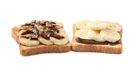 Delicious toasts with bananas, chocolate cream and nuts isolated on white