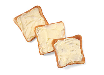 Tasty toasts with butter on white background, top view