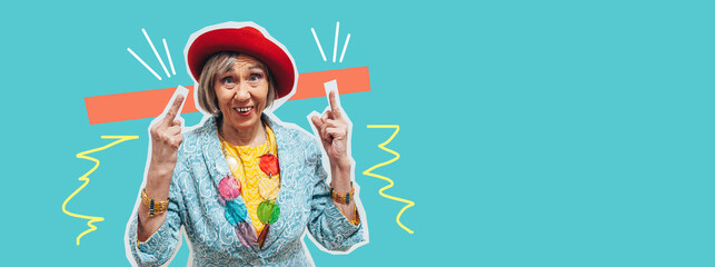 Funny cool old lady dressed in trendy clothes making middle finger sign on a colorful studio background. Forever young grandmother. Collage in magazine style. Modern creative artwork, copyspace for ad