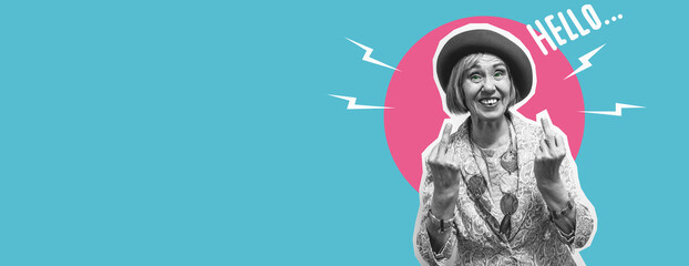 Funny cool old lady dressed in trendy clothes making middle finger sign on a colorful studio background. Forever young grandmother. Collage in magazine style. Modern creative artwork, copyspace for ad