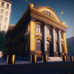 bank building surrounded by large gold coins