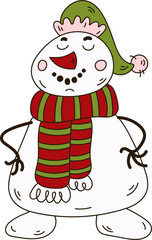 Cartoon Snowman in Santa hat and scarf illustration. Cute doodle  for Christmas greeting Cards