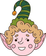 Boy Christmas elf smiling face. Doodle style little Santa's helper
