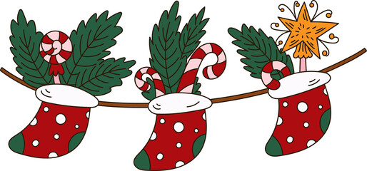 Christmas garland over the fireplace with gifts in socks. Candies, star, candies and lollipops in doodle style