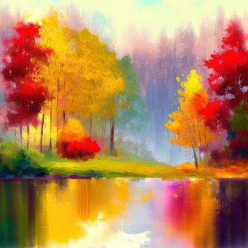 Oil painting landscape colorful autumn trees. Semi abstract image of forest, trees with yellow, red leaf and lake. Autumn, Fall season nature background. Hand Painted landscape, Impressionist style