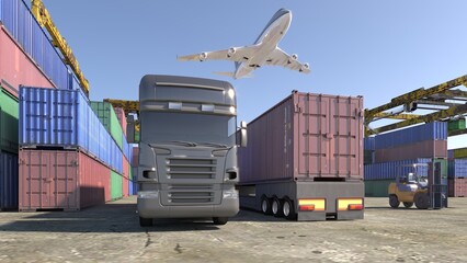 3D rendering illustration  truck with container and 
 aeroplane technology security for premium product business finance   delivery logistic shipping transportation