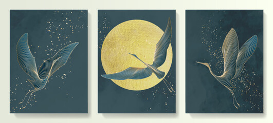 Luxury art background with hand drawn cranes in blue tones in gold art line style. Animalistic set of posters for decoration, interior design, print, wallpaper, packaging, textile, invitations.