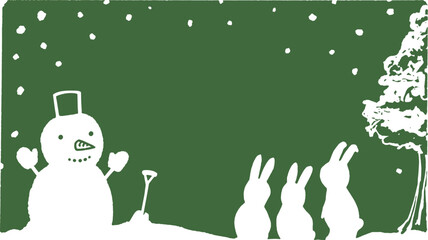 雪だるまとウサギのシンプル背景　はがきサイズ
