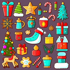 Colored Christmas and New Year icons. Collection of design elements. Raster illustration.