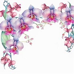 Fototapeta na wymiar Flower watercolor border with orchid.