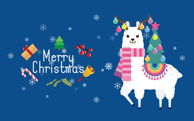 Cute llama and alpaca with Christmas holidays theme. Cute design for nursery, poster, Merry Christmas, birthday greeting card. Vector illustration.