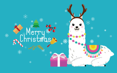 Cute llama and alpaca with Christmas holidays theme. Cute design for nursery, poster, Merry Christmas, birthday greeting card. Vector illustration.
