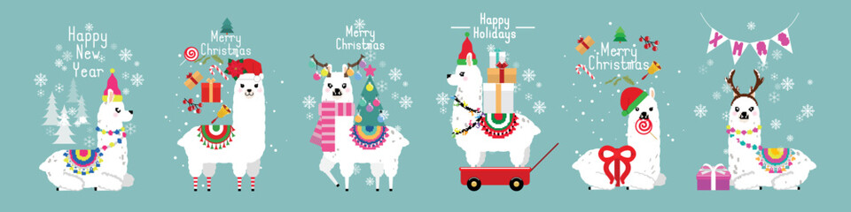 Cute llama and alpaca with Christmas holidays theme. Cute design for nursery, poster, Merry Christmas, birthday greeting card. Vector illustration.