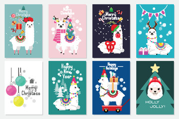 Cute llama and alpaca with Christmas holidays theme. Cute design for nursery, poster, Merry Christmas, birthday greeting card. Vector illustration. © laias