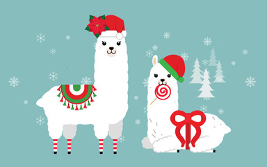 Cute llama and alpaca with Christmas holidays theme. Cute design for nursery, poster, Merry Christmas, birthday greeting card. Vector illustration. © laias