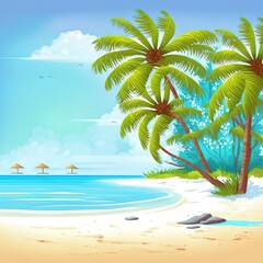 Obraz premium Sea beach island landscape, tropical paradise illustration. Cartoon summer seashore scenery with blue sea or ocean waves, coconut palm trees and tropic nature, lounges on white sand background