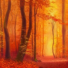 Autumn forest scenery. Orange leaves on the trees. Fall nature landscape.