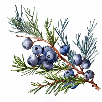 Juniper branch with berries. Watercolor hand drawn illustration, isolated on white background