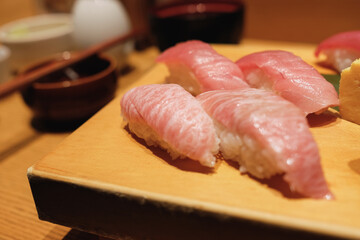 A platter of assorted maguro nigiri (blue fin tuna fatty belly sushi) at a Itamae, a sushi restaurant in Shinjuku — Tokyo, Jaan