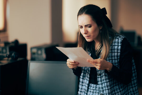 Woman Squinting Trying to Read the Fine Print on a Contract. Yummy appetizing food presented in a diner shop
