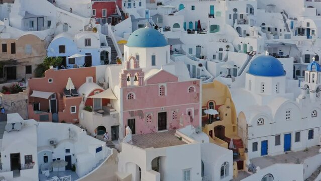 Aerial view of famous blue dome churches, Oia, Santorini, Greece