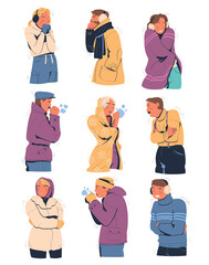 People feeling freeze wearing warm clothes set. Men and women trying to warm during winter or autumn season cartoon vector illustration
