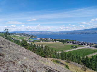 Landscape scenic overlook view of vinyards and farmland in Okanagan lake, West Kelowna, Okanagan Valley, BC, Canada