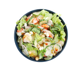 Bowl of delicious cucumber salad isolated on white, top view