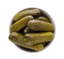 Bowl of tasty pickled cucumbers isolated on white, top view