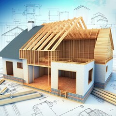 Concept of construction. 3d render of house in building process with builders on blueprint and wood background. We see constituents of roof frame and insulation layer.