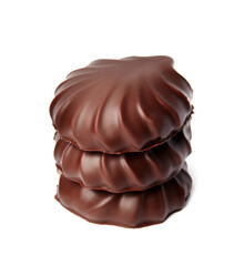 Delicious chocolate covered marshmallows isolated on white