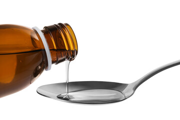 Pouring syrup into spoon from bottle isolated on white, closeup. Cough and cold medicine - obrazy, fototapety, plakaty