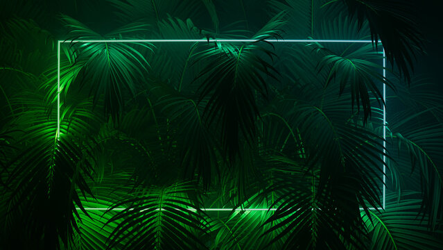 Trendy Background Design. Tropical Plants with Green and Blue, Rectangle shaped Neon Frame.