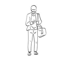 man in cap using smartphone with his bag illustration vector hand drawn isolated on white background line art.