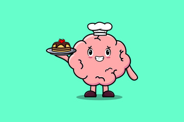 Cute Cartoon chef Brain character serving cake on tray cute style design in flat cartoon style