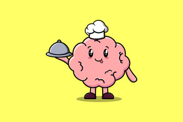 Cute Cartoon chef Brain mascot character serving food on tray cute style design illustration