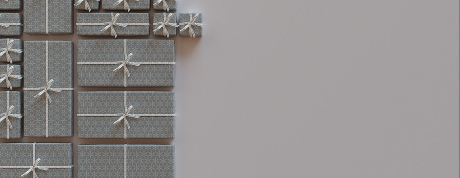Christmas Presents Precisely arranged in a Grid. Elegant Duck Egg Blue and White Festive Background with copy-space.