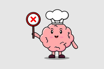 cute cartoon Brain chef holding wrong sign board in vector character illustration