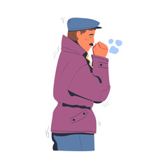 Man freezing wearing warm clothes. Guy warming hands during winter or autumn season trying to warm cartoon vector illustration
