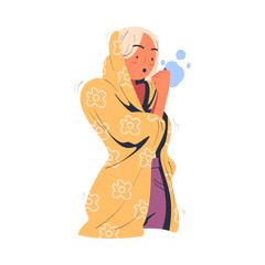 Girl freezing wrapped in blanket trying to warm during winter or autumn season cartoon vector illustration