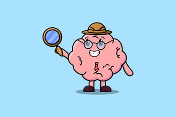 Cute cartoon character Brain detective is searching with magnifying glass   