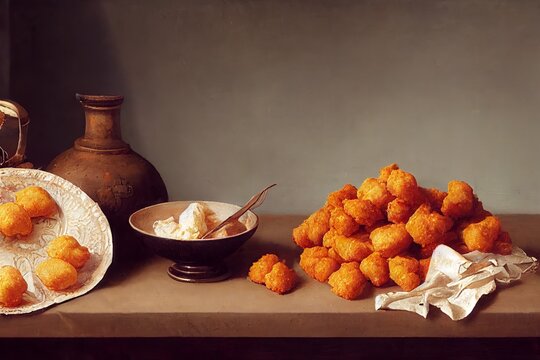 Classical Still Life of Chicken Nuggets. [Digital Art Illustration, Sci-Fi or Fantasy Style Background, Humorous Greeting Card Image]