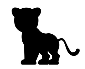 Dark silhouette of baby lion. Educational material for children, learning and training. Biology, nature and tropical animal. Graphic element for printing on fabric. Cartoon flat vector illustration