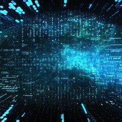 Obraz premium Futuristic abstract de focus flowing data matrix, meta, metaverse, telemetry and encrypt numbers display with particles simulation in cyber space environment for head up display background