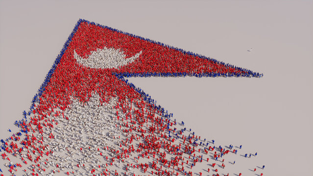 Nepali Banner Background, with People congregating to form the Flag of Nepal.