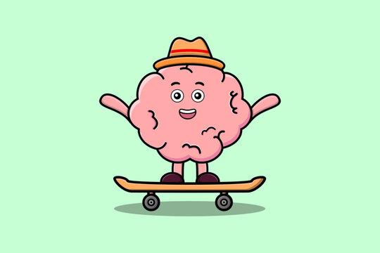 cute cartoon Brain standing on skateboard with cartoon vector illustration style