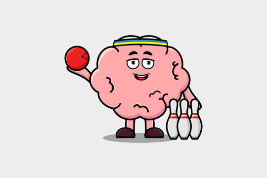 Cute cartoon Brain character playing bowling in flat modern style design illustration