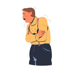 Man freezing and shivering wearing knitted sweater. Guy standing with folded hands trying to warm during winter or autumn season cartoon vector illustration