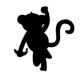 Dark silhouette of monkey. Symbol of African savannah, tropics and exotic. Animal with banana in his hand. Aesthetics and elegance. Poster or banner for website. Cartoon flat vector illustration